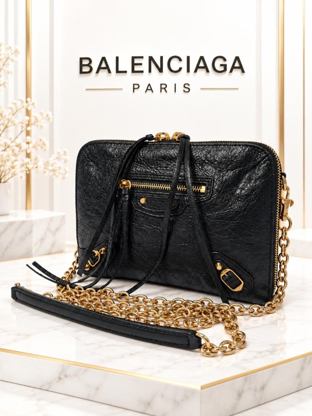 Authent Balenciaga Classic Reporter Leather Crossbody Bag Gold Chain Fringe